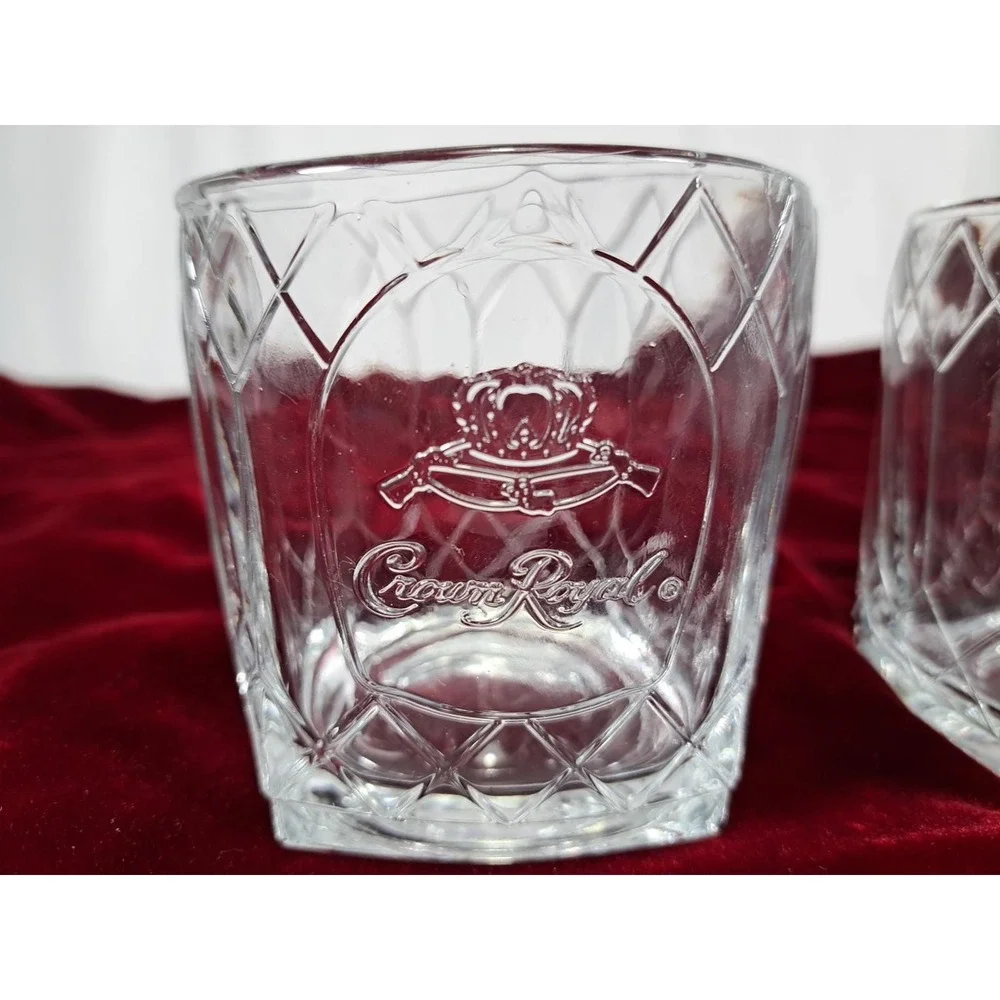 Set 2 Crown Royal Whiskey Lowball Glass Diamond Patern Embossed Logo 3-1/4